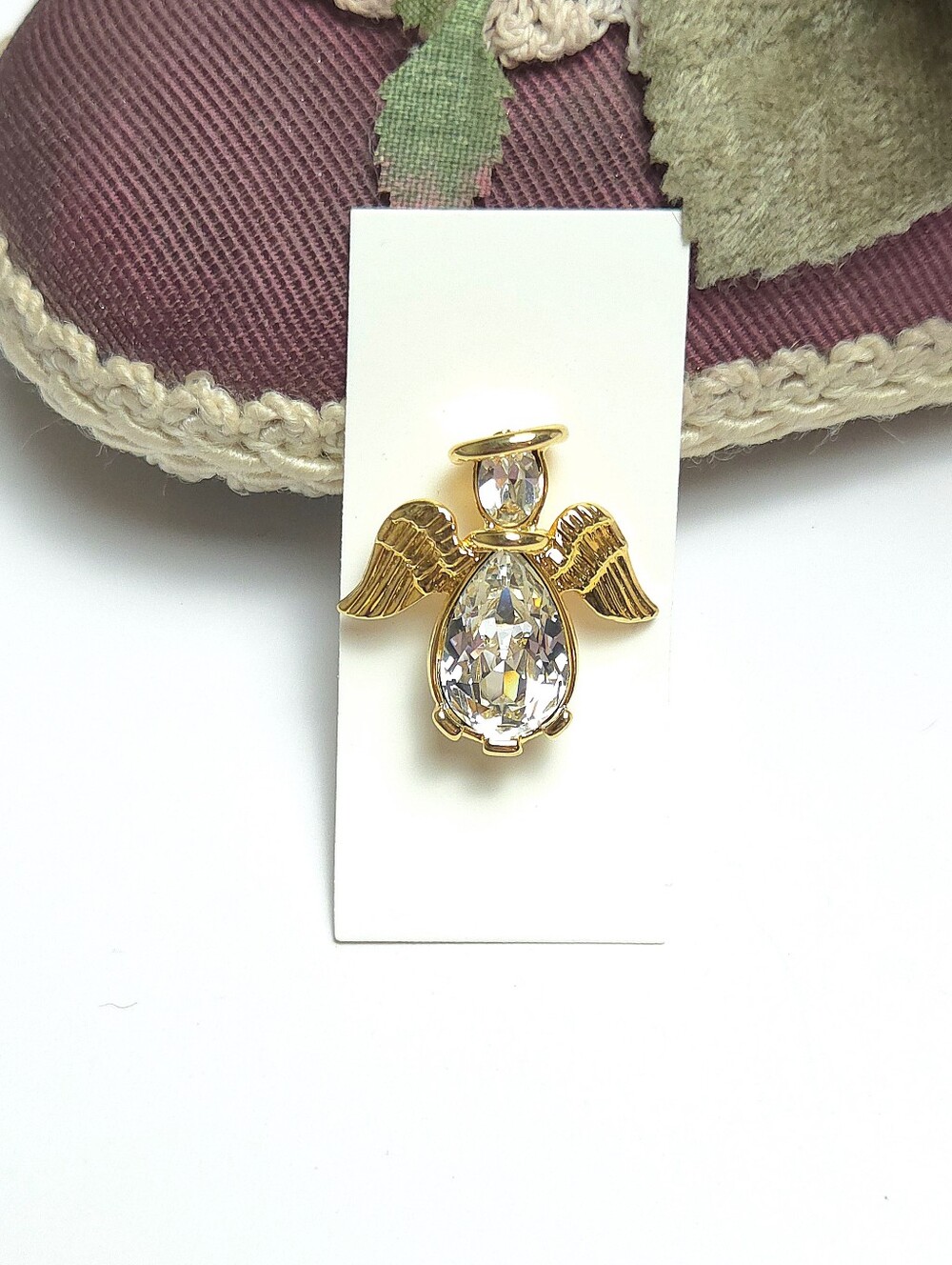Vintage Barbara Mandrell Gold Crystal Angel Pin Swarovski Crystal Guardian Angel